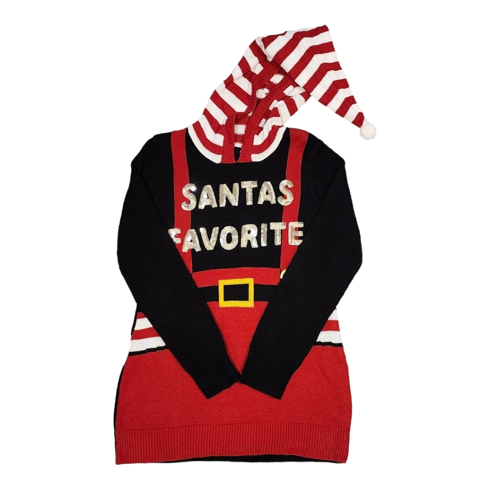 No Boundaries Women's Santas Favorite Christmas Dress, Hooded Sweater, L…